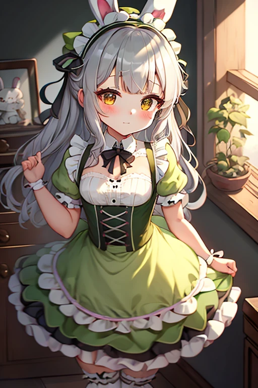 1 woman,Pretty girl, shot,Gray hair, Gray hair, Maid Headband , Maid Bunny Headband, Light green, Ribbon on headband, Light green 원피스,Half-length bangs, Girly outfit,Babyishly,Baby-like drawing style,character,cute,Maple Story