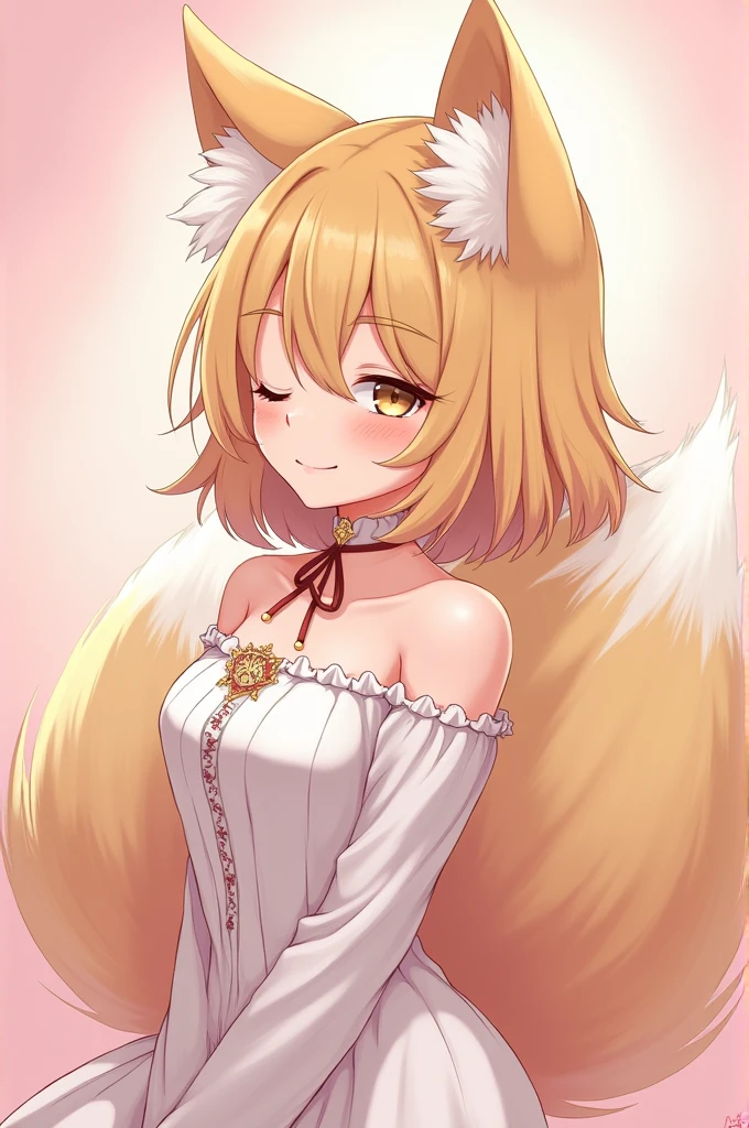 1girl, suzuran \(arknights\),  animal ear fluff, green eyes, blonde hair, blue hairband, braided hair rings, fox ears, fox girl, fox tail, kitsune, multiple tails, flat chest, happy,
light transparent summer dress, bare shoulders, bare hands,
black background