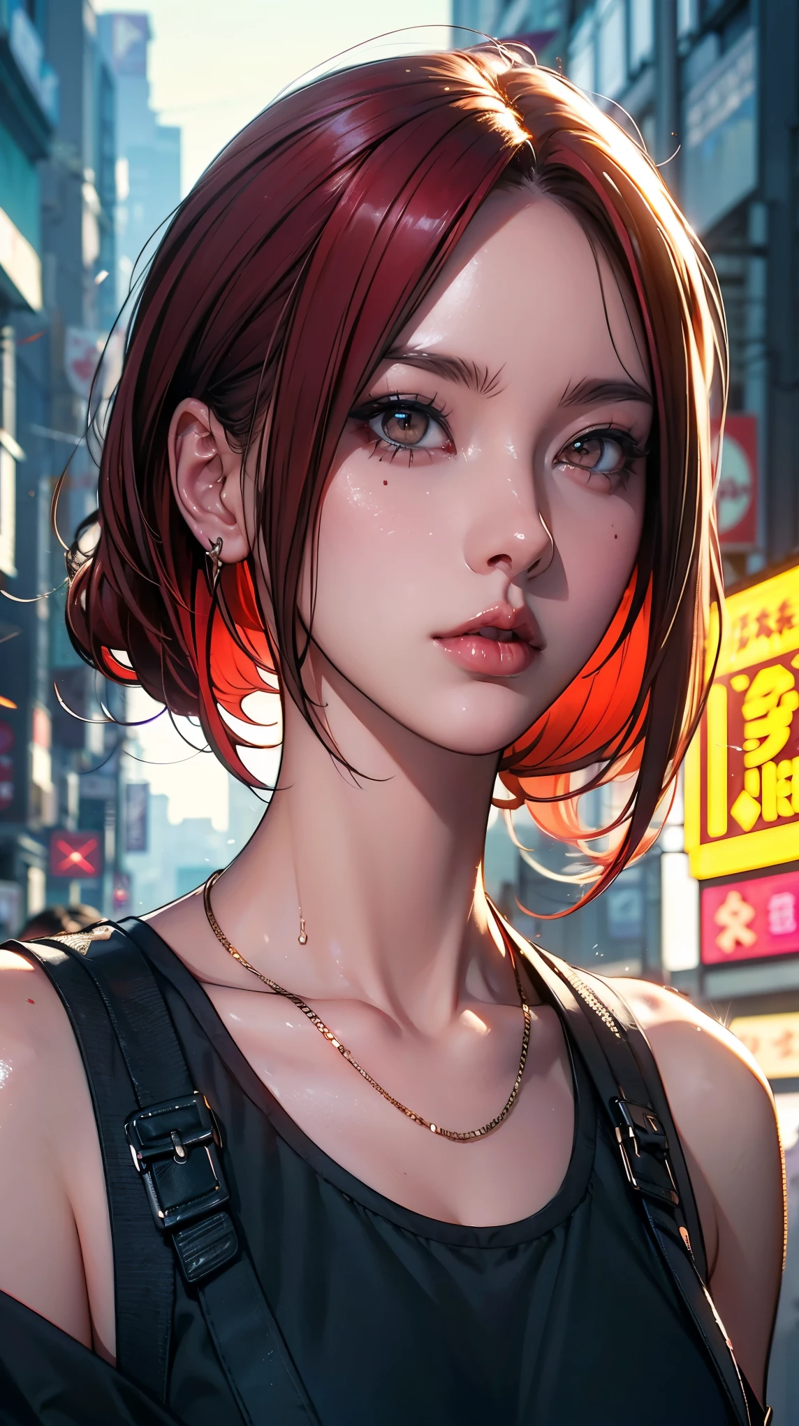 beautiful girl, Half Body Portrait, Short, bright red, messy hair, Black eyeshadow, (Street Style Wear:1.2), (Urban Background:1.2), Heavy makeup, Digital Art, Trending on Artstation, highly detailed, The finer details, Complex,  beautiful detailed glow, detailed, Cinematic Light, High resolution, detailed facial features,Sharp focus, Smooth, Midea,