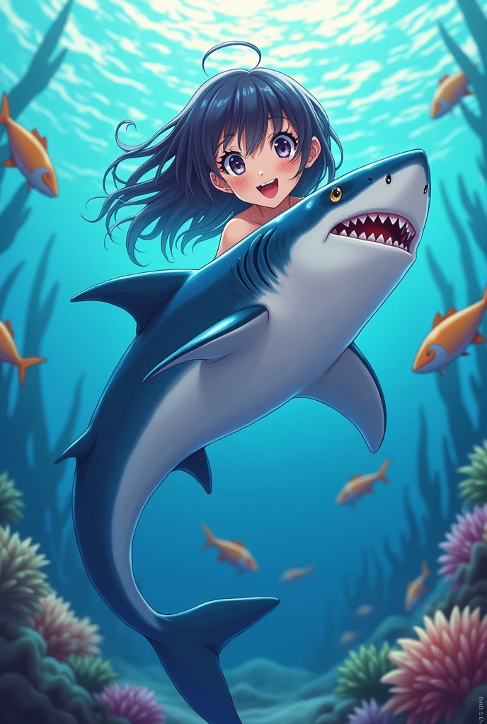 (masterpiece, highest quality),  Intricate details, 8k, Art Station, wallpaper, Official Art, Splash Art, smile,
 One girl,  Sharp teeth, shark tail, shark hair ornament,  Face Focus,
Beach, Blake excited, Happy, naked