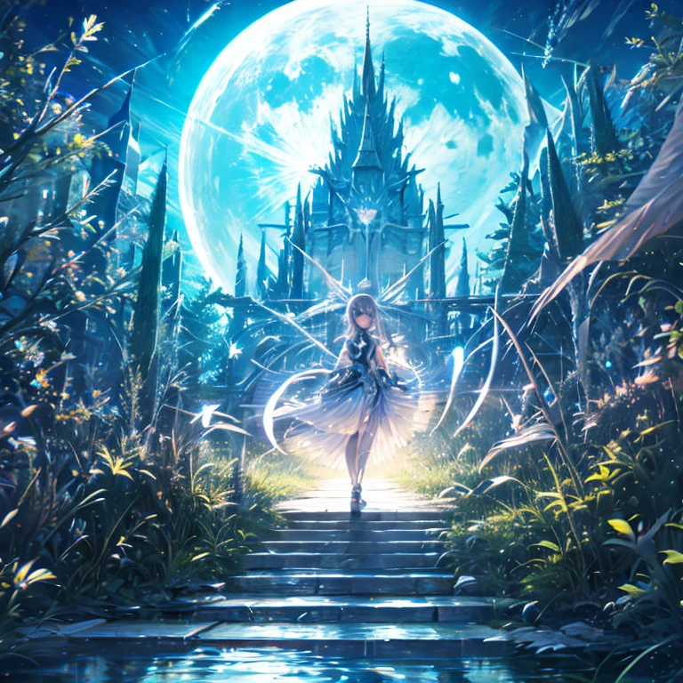 Anime girl walking near a cliff, Beautiful fantasy anime, high detailed Official artwork, Silver-haired god, Shadowverse Style, Anime Goddess, Nightcore, Detailed Key Anime Art, Official artwork, Masterpiece Goddess of Beauty, Anime fantasy illustration, Detailed digital anime art, Epic light novel art cover, From the Arknights video game, Anime fantasy artwork, Calm background, Bright white moon, white beach dress, Looking out to sea