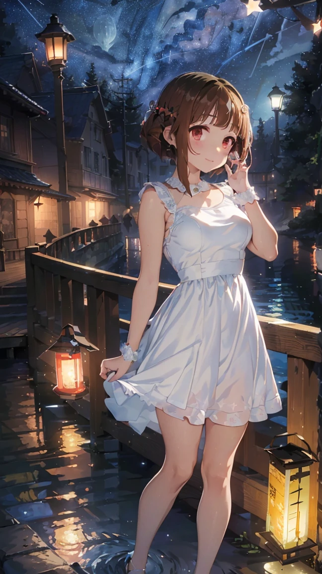 masterpiece, Best Quality, High resolution, Very detailed,(((Transcend))), (((Standing far away))), (((赤いhandrail))), (((handrail))), (((river))), (((Lantern))), (((night))), (((White dress))), (((Starry Sky)))