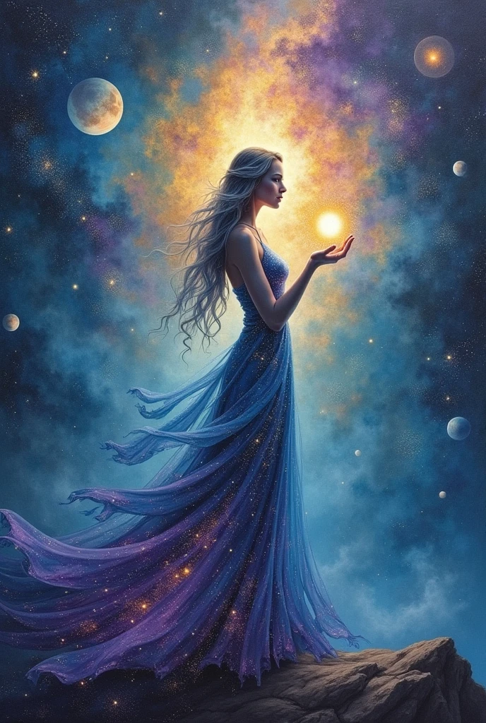 Woman emanating light from her chest and walking in a starry night by van gogh with many dark silhouettes around