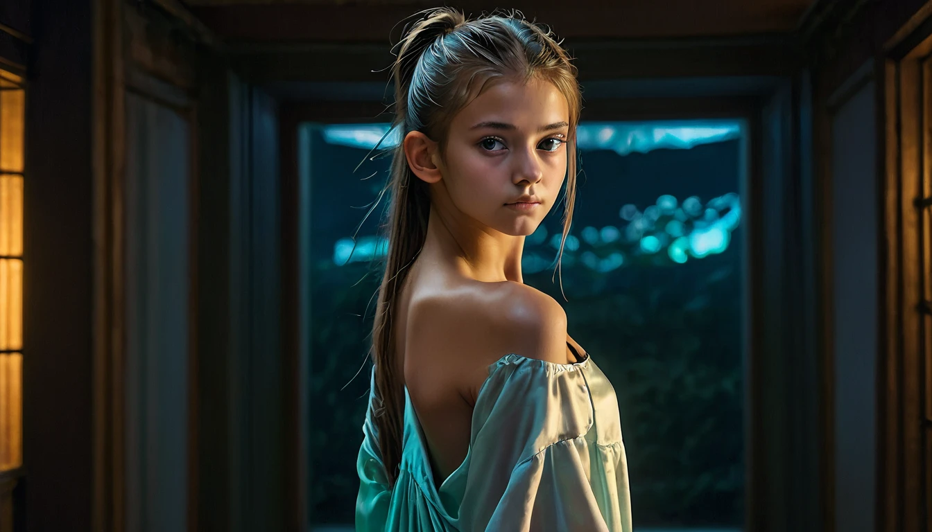 Top Quality, Masterpiece, High Resolution, 8k, (((cute skinny barely legal girl in oversized silk nightgown, bare belly, wide neckline, deep neckline, small perky breasts, beautiful detailed eyes, beautiful detailed lips, small closed mouth, extremely detailed face, long ponytail hair, small hips))), cyberpunk apartment, moody atmosphere, dramatic and random neon colors, futuristic setting, intricate details, at night, backlit, full body shot, view from distance 