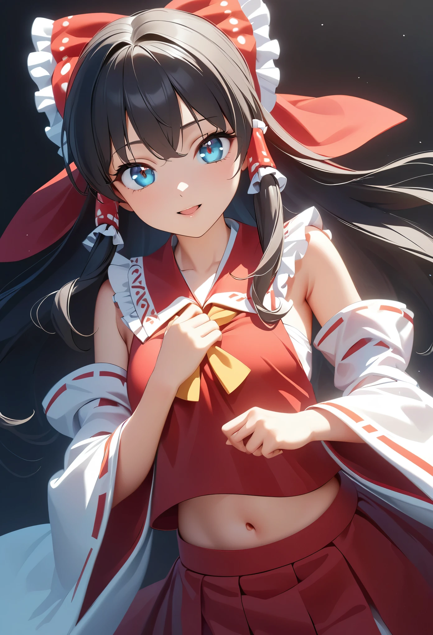 hakurei reimu, 1 girl, Sexy Shrine Maiden, Miko costume, Sexy Costumes:1.4, Big ribbon, Black Hair, Detachable Sleeve, Wide sleeves, Red Skirt, Red vest, belly button, Please open your mouth a little.:1.2, 表情はVery detailedで, Mischievous Smile, Dynamic Angle, Sexy pose, Beautiful fingers:1.4, Very detailed, 8k, Anime Style:1.2, [[[Hyperrealistic]]], Detailed CG illustrations, Chiaroscuro Lighting, Dramatic Shadows, elegant, grace, ((Beautiful face and eyes, Fascinating, Beautiful eyes, Delicate features)), Single color background:1.2, Shiny, Cinematic composition, Dramatic Pose, A bad mood, Dark and mysterious.