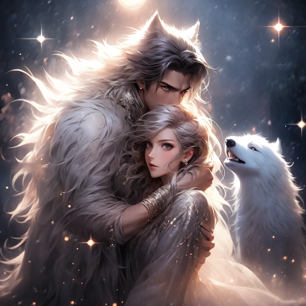 Find your soul mate、Getting lost and arriving、From the darkness comes light、Big silver wolf、Get close、Sparkle Effect, Lens Flare, Particles of light、aura、Woman hugging a wolf、love,Night Sky、Moon Background、Black Hair、Medium Hair, Gentle Wolf、