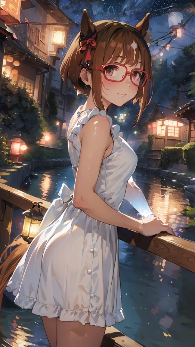 masterpiece, Best Quality, High resolution, Very detailed,(((Transcend))), (((Horse Girl))), (((Standing far away))), (((赤いhandrail))), (((handrail))), (((river))), (((Lantern))), (((night))), (((White dress))), (((Starry Sky)))