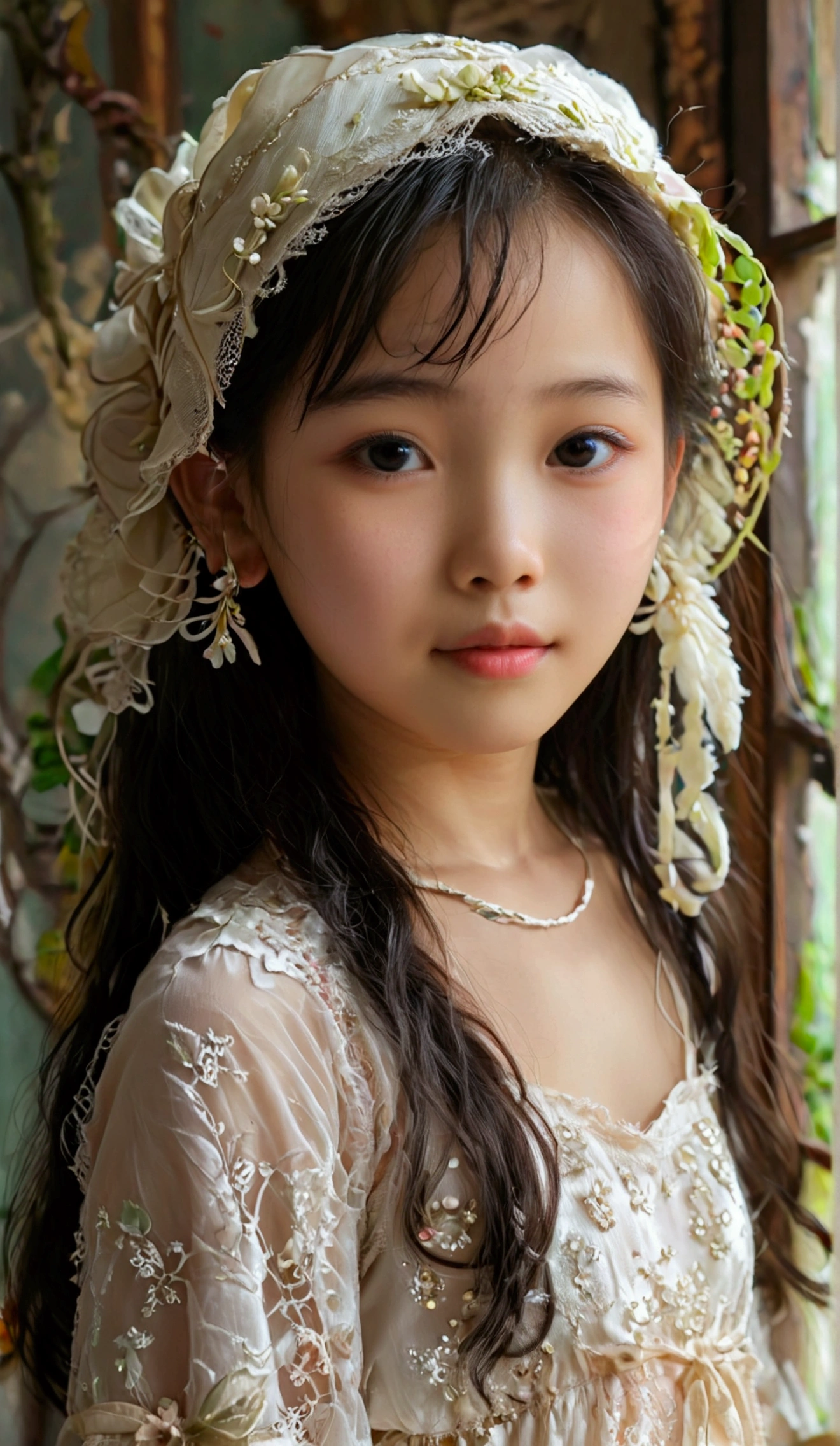 8k, masterpiece, cute, very pretty, The Prettiest Indonesian-Chinese ((preteen)) girl, pale skin, 1girl, Age 9, Solo, ((preteen)), innocent face,juvenile physique, charm of adolescents, beautiful body, calm eyes, realistic, High Resolution, Looking at viewer, Blushing, adorable, show off her cuteness, Masterpiece, Anatomically Correct, flawless, Best Quality, Embarrassed, Shy, White camisole dress, Her clothes are transparent and her skin is visible, show off her cuteness