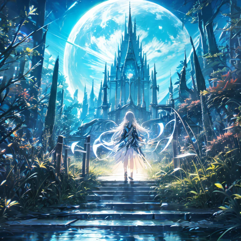 Anime girl walking near a cliff, Beautiful fantasy anime, high detailed Official artwork, Silver-haired god, Shadowverse Style, Anime Goddess, Nightcore, Detailed Key Anime Art, Official artwork, Masterpiece Goddess of Beauty, Anime fantasy illustration, Detailed digital anime art, Epic light novel art cover, From the Arknights video game, Anime fantasy artwork, Calm background, Bright white moon, white beach dress, Looking out to sea