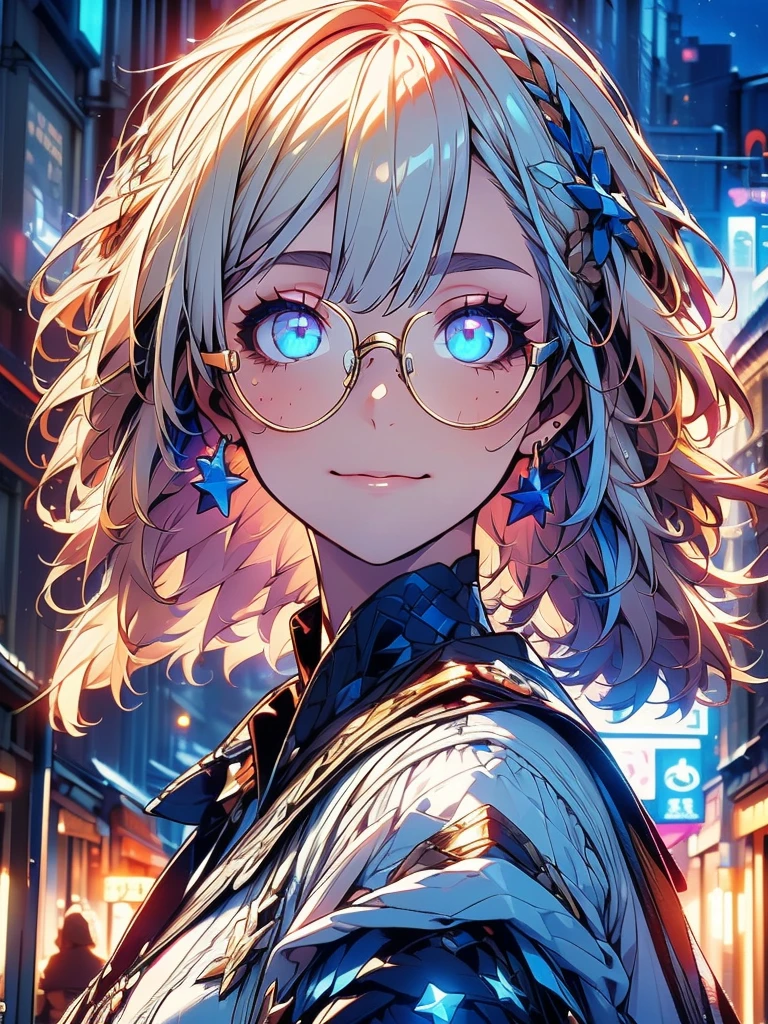 ((Very detailed), Town, night, neon, stars, Exterior lights, building, emissive, lights), ((Cinematic), neonで描く, Gradation, Crisp lighting), ((Ultra-detailed, Beautiful Face, 1 girl), one girl, Very detailed, whole body, cute, Beautiful eyes drawn in detail, short hair, white hair, blonde hair, multicolored hair, blue eyes, glasses, Wearing glasses, ennui, Beautiful Hands, Fluttering Hair))