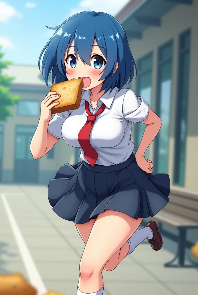 Young girl with blue hair,short straight hair and short bangs (purple eyes),, ((small bushy eyebrows)), wearing gothic ta clothing, loli, large breast, breasts out of blouse, walking to school, bored look, bored face, , suddenly having sex in public, ((doggy style sex)), ((public sex in a restaurant)) naked ass in the male crotch, perfect anatomy, young boy fucking her