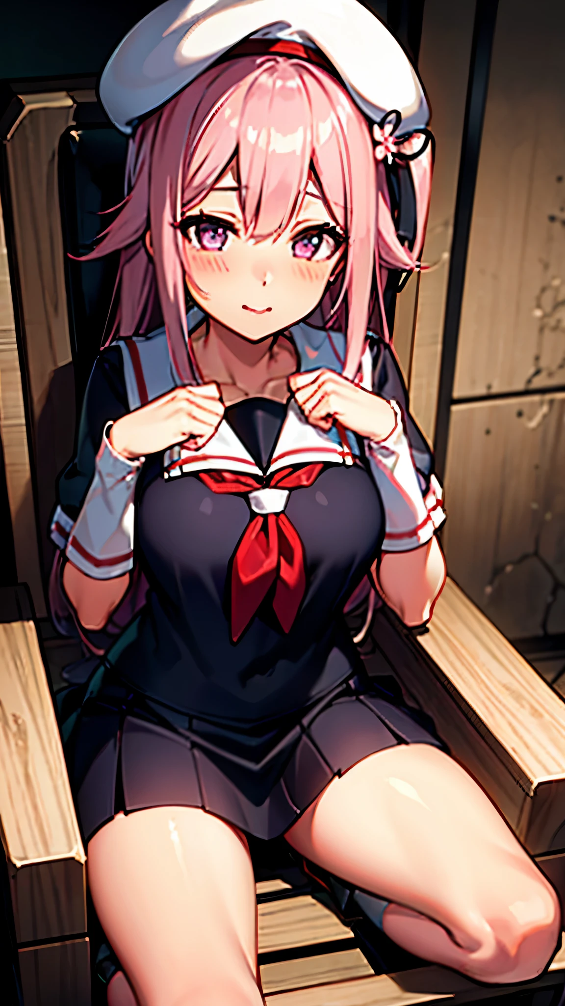 (masterpiece), (Best Quality), (Super detailed), Realistic, (Best illustrations), (Very delicate and beautiful), One Girl, (Kantai Collection_Spring rain) Harusame_kantaicollection Black uniform, black skirt, pink hair, white beret complicated (Purple eyes) Beautiful face, Skin dents, Great eyes, Rim Light, Skin Shading, Very beautiful skin, Very elaborate hair ornament, Precision sculpted body and hands Sitting in a chair Luxurious chair Clasping hands
