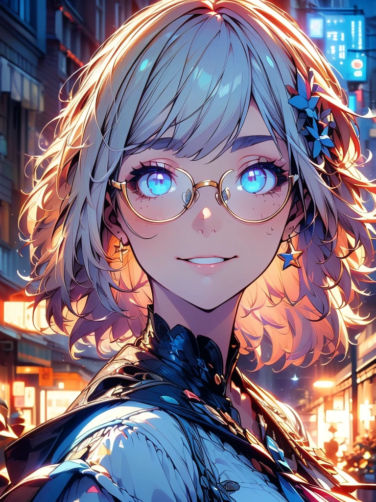 ((Very detailed), Town, night, neon, stars, Exterior lights, building, emissive, lights), ((Cinematic), neonで描く, Gradation, Crisp lighting), ((Ultra-detailed, Beautiful Face, 1 girl), one girl, Very detailed, whole body, cute, Beautiful eyes drawn in detail, short hair, white hair, blonde hair, multicolored hair, blue eyes, glasses, Wearing glasses, ennui, Beautiful Hands, Fluttering Hair))