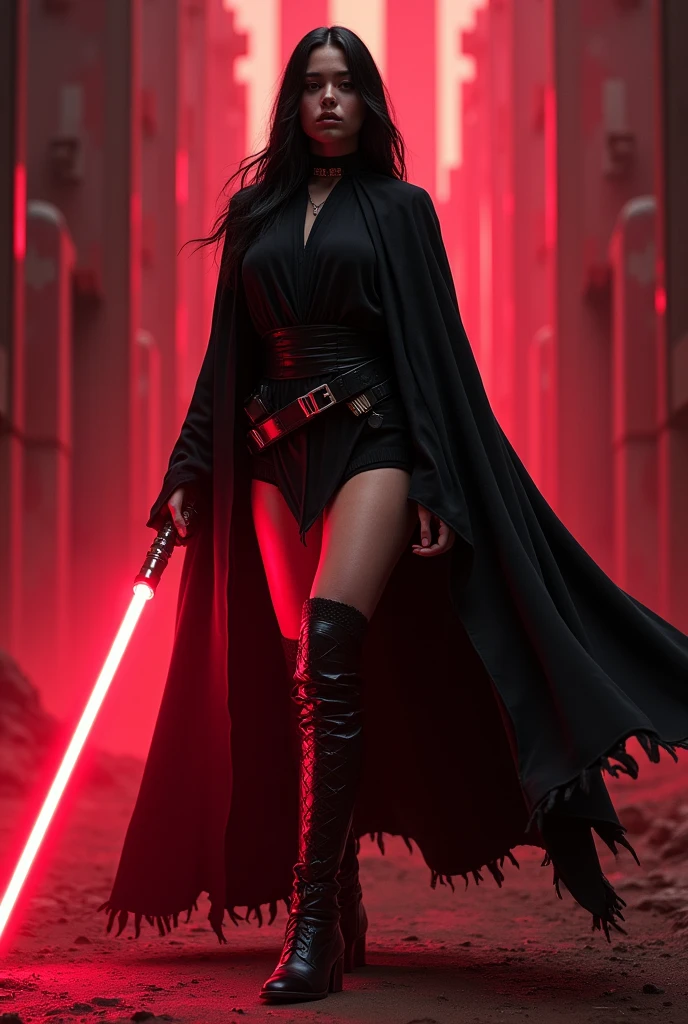 Beautiful, Mexican, female, young woman, long black hair tied into a tight ponytail, bright red eyes, wearing black Jedi robes, arms wrapped in red bandages, wearing black fingerless leather gloves, legs completely wrapped in red bandages, wearing black leather boots, red smoke emanating from body, holding a lightsaber in one hand, standing in a hallway of a futuristic spaceship, very dark lit, viewed from the front