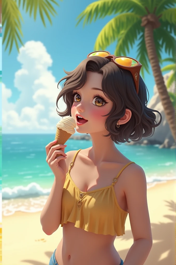 Masterpiece, high quality, best quality, fat brunette woman eating ice cream cones in the beach, black hair and eyes smiling