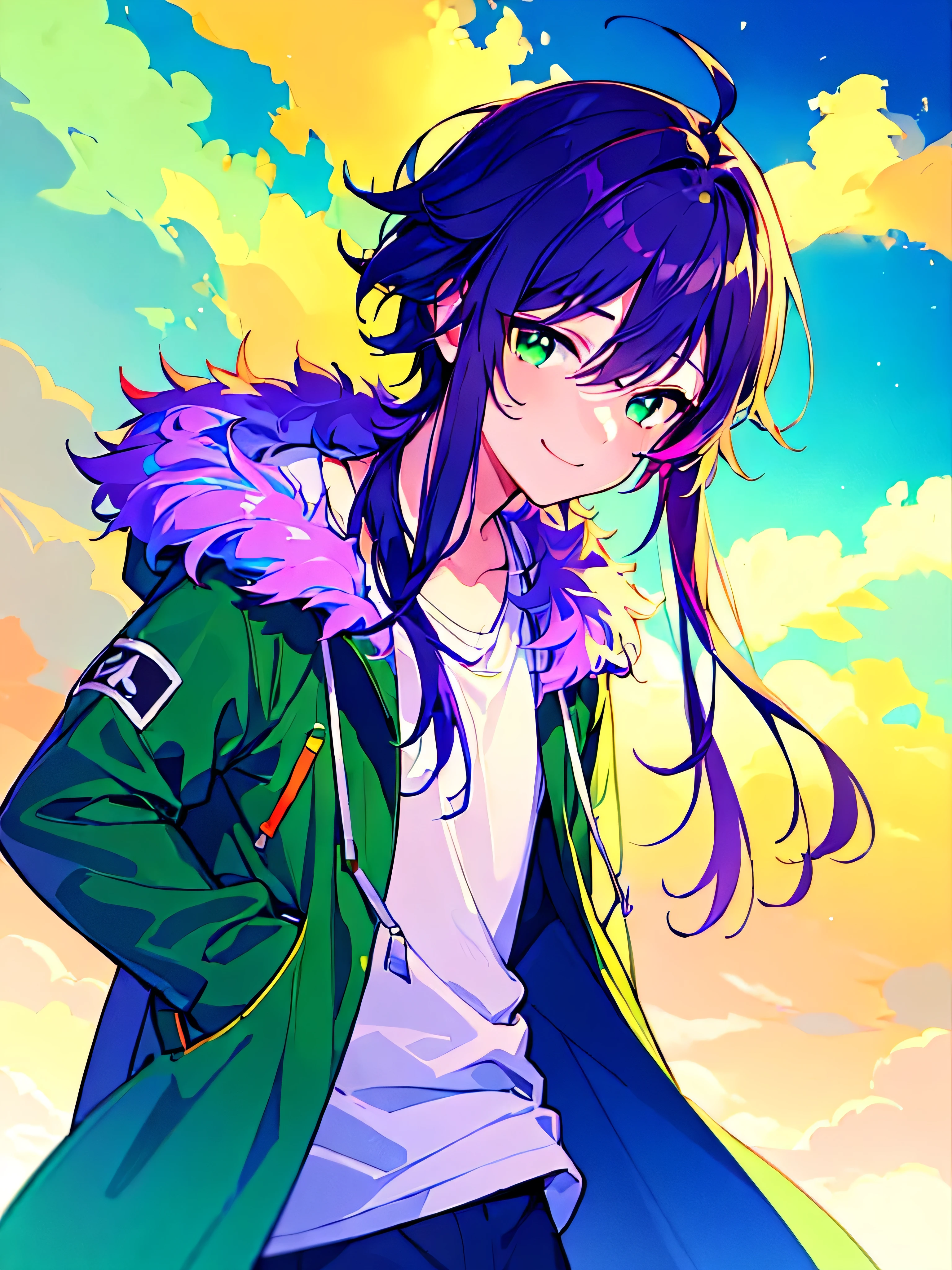 [(SUMMER BACKGROUND:1.5),::5], ((((masterpiece)))), high quality, ultra very high resolution, full color, (((solo))), (()), ((men's Purple hair)), (Green streaked hair), (Green eyes), anime, ((upper body)), neon light, black parka, SEA, SUNSET, smile