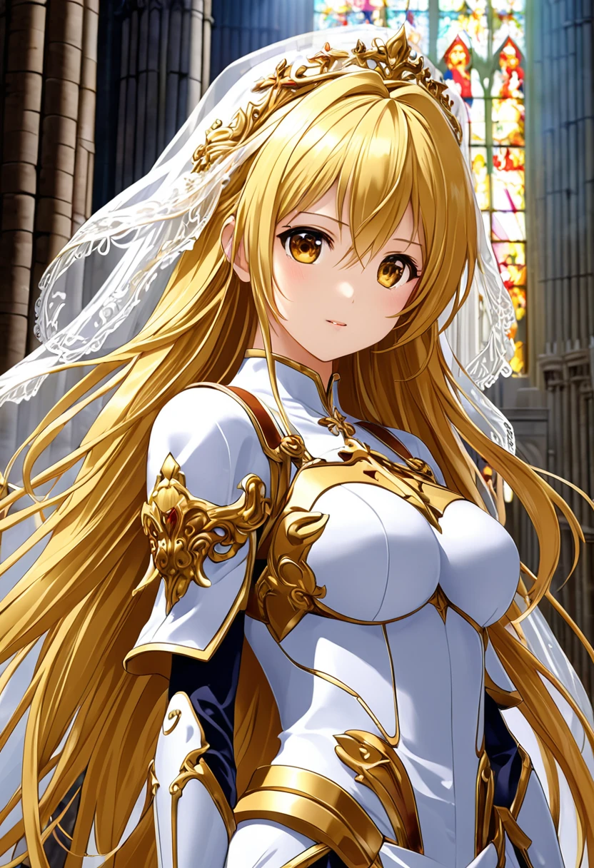 ((Best Quality)),(Ultra-high resolution),(Super detailednew),(Detailed Description),((The best CG)),(A masterpiece),Ultra-detailed art,Wonderful new Art,(Surreal)、Girl、(Blonde)、(((Long Hair)))、(amber colorの目）、Girl,Beautiful and well-proportioned face:1.6,Also々new:1.5,Natural Makeup:1.4,Highly detailed face、（Perfect Eyes）、Perfect hands、Perfect Proportions、Girl性司祭1人, Wearing a white veil, white ribbon, armored dress, He wears thin, light armor、Precise and detailed relief:1.7、He has a long sacred staff、Old Cathedral 、With the church in the background、Healthy Skin、Highly detailed lighting、