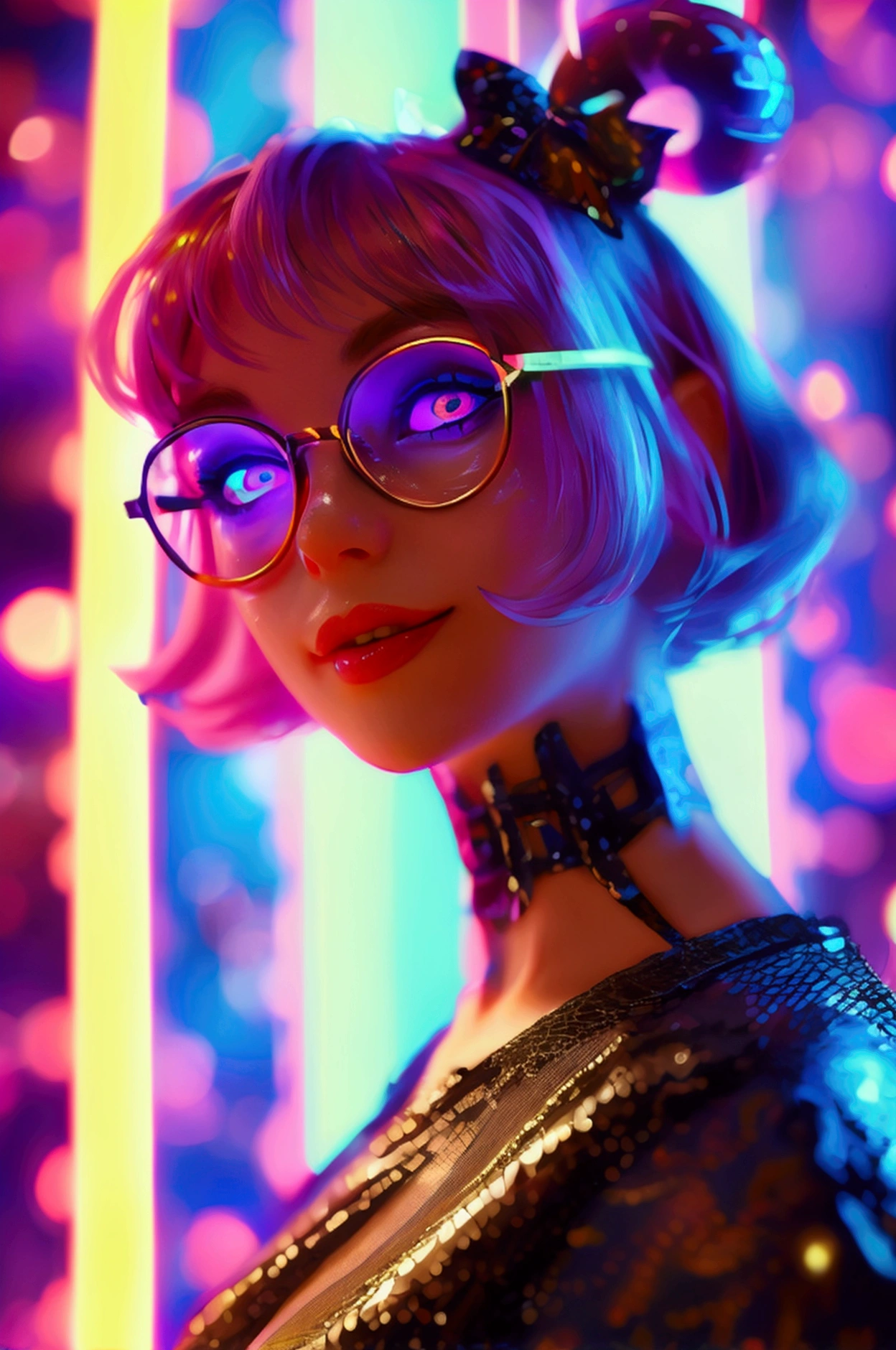 violet, neon lighting, short hair with cute little snakes for hair, pale skin, brightly glowing purple eyes, portrait of a cute smiling girl wearing metal frame glasses 

