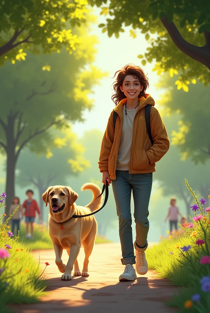 A person in a fleece jacket and comfortable pants walks his dog in a park. The sun is shining softly through the leaves of the trees, creating dancing shadows on the ground. the dog, a golden-coated labrador, pulls on the leash enthusiastically, while the person smiles and enjoys the fresh air. The park is full of color with flowers and children playing in the distance. The sound of birds and the laughter of children create a joyful and relaxing atmosphere..