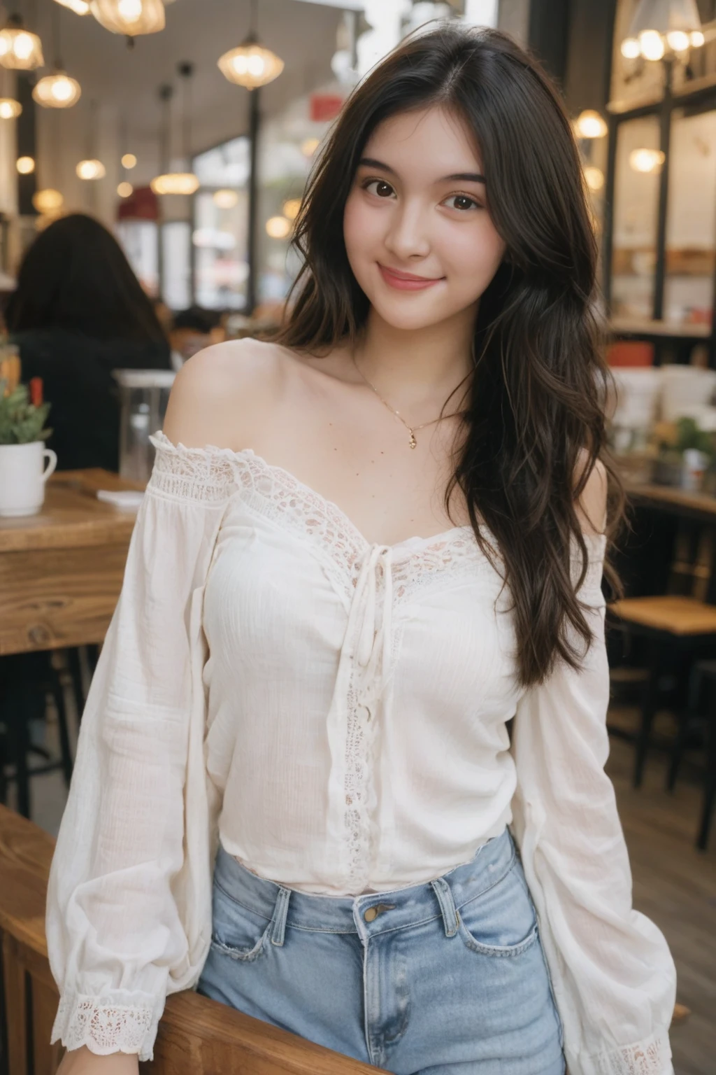 A high-resolution, wide angle shot, 8K close up portrait of a beautiful 20-year-old woman with a flirtatious smile, detailed skin, and clear eyes. She has long black hair and dark brown eyes with slight dark circles, looking at viewer. The image features natural, soft lighting with a low contrast and film grain effect. she has perfect shaped medium breast. Cleavage. She is dressed in White Off-the-Shoulder Boho Top Description: A white off-the-shoulder boho-style top with crochet detailing and loose, billowy sleeves. This top is perfect for a casual summer day or a music festival, offering a relaxed fit that’s both comfortable and flirty. Accessories: Pair with denim shorts, brown gladiator sandals, layered gold necklaces, and a wide-brimmed hat. (At colorful, cozy luxury cafe). The composition emphasizes ultra-detail, sharp focus, and vivid colors, with HDR and UHD quality, capturing a whimsical and dreamy aesthetic with a bokeh background. Looking at viewer