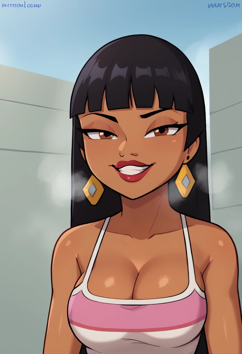 nsfw, +18,  black hair, long hair, blunt bangs, brown eyes, dark skin, lipstick,  cleavage, earrings, smug, steam, 1girl, solo, standing, no background,  