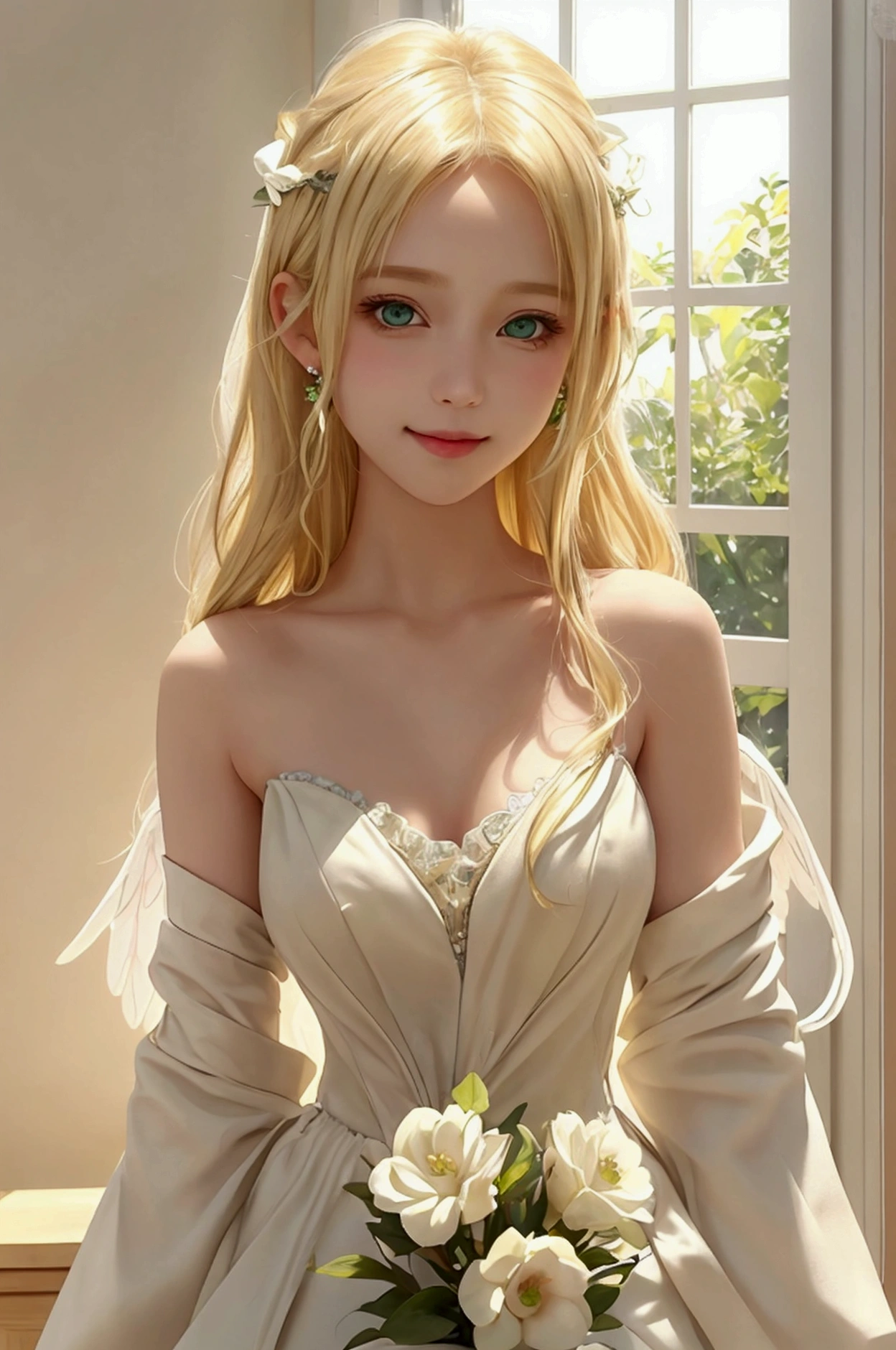 Blonde hair woman sitting at table in white dress, Tokusatsu Heroine, Mysterious Woman,circlet,Mystical Necklace,Soft lighting, guweiz, artwork in the style of guweiz, ig model | ArtGerm, A seductive anime girl, Anime girl cosplay, guweiz on pixiv artstation, wlop and sakimichan, range murata and artgerm,((Cool color makeup,Lowered eyebrows、Whitening effect,thin and thin eyebrows,eye bags,Ephemeral Girl,A look tinged with joy)),Very soft lighting,Eight-headed body,light glow,Film grain,Expro II,Lens Flare,Sharpen,cinematic shadow