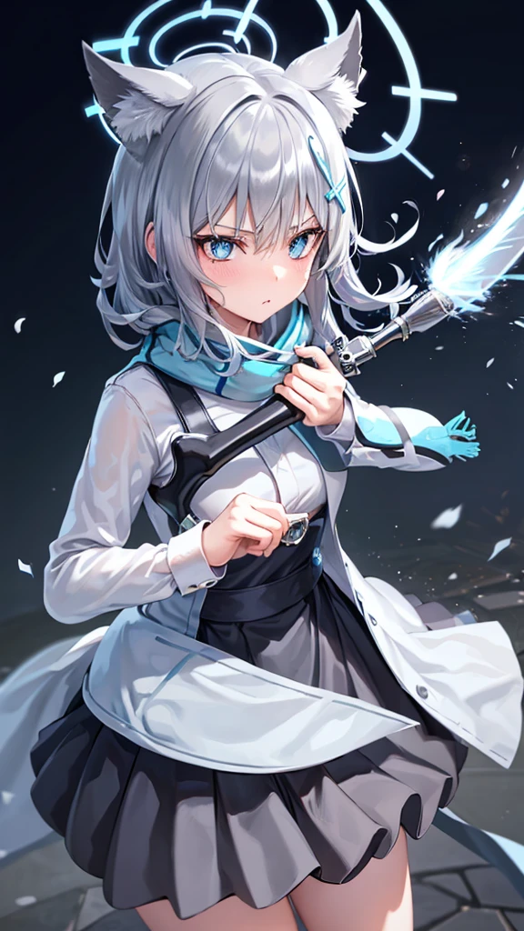 shiroko \(blue archive\), shiroko, animal ears, blue eyes, grey hair, hair ornament, hairpin, medium hair, wolf ears,holding weapon,  full body, serious face, battle background, fighting pose,