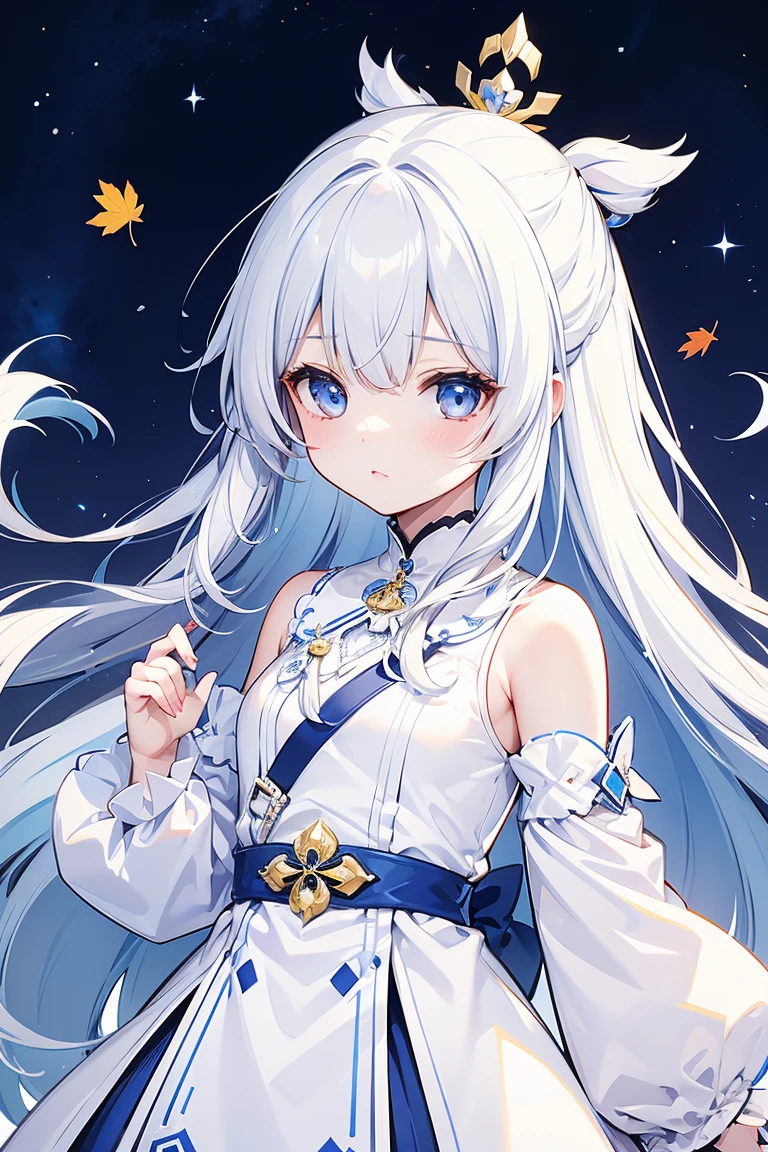 1 woman,Pretty girl,Half-up hair , Half-moon hair , White hair, White hair, Sky blue 원피스, Sky blue 장식구,Sky blue 옷, Sky blue, long hair, character, Cute, Maple Story, Babyishly, whole body, 동글동글한 character, Baby-like drawing style, baby