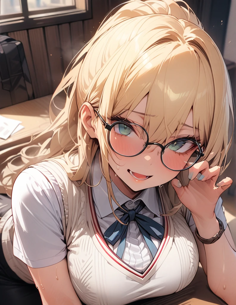 High resolution, masterpiece, Top quality, High detail, High quality, big breasts, Long hair, Blonde, 1 woman,Looking at the viewer, masterpiece, Blue eyes, beautiful detailed hand,beautiful detailed class room, Sweaty body、Obscene sound effects、Japanese moans, Adult female,white shirt,glasses ,frontal,ivory knit vest,Pencil Skirt, Ponytail,Slanted eyes, beautiful green eyes,Close up,smile, shy, 