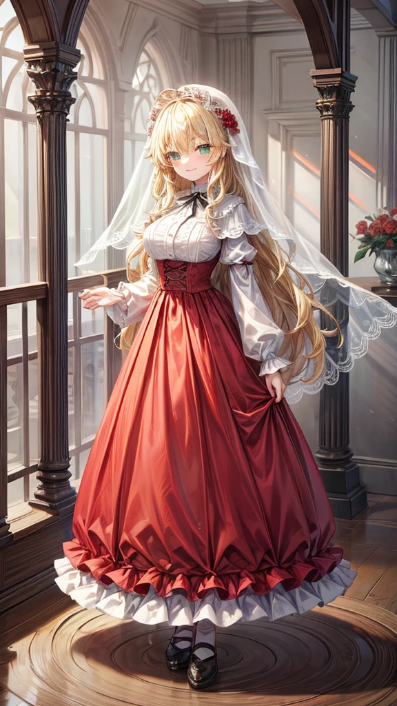 masterpiece, Best Quality, No background, Full body image of a woman, huge breasts, blonde hair, medium hair, She is wearing a white veil with red flowers on her head, Pale skin,upbeat smile,closed mouth,Tall ,Green Eyes,wavy hair, Thin straight hanging eye, Holding nothing in hands, Standing upright,Arched eyebrows,Red dress with flowers