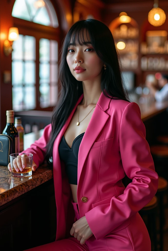 Half-length glamour portrait, nikon D850, f1.6 lens, 200mm, DSLR, 22 Megapixels, (((Vintage café-bar scene))), shot of a stunning 19 years old korean girl, (smile:1.4), (wearing Trench coat with Magenta corduroy dress:1.6), ((seductive pose)), hot girl, (((big natural breasts))), (((black fringe hair))), (small girl), symmetrical face, photorealistic, photography, (bright natural lighting), gorgeous, deep cleavage, (masterpiece), best quality, high resolution, extremely detailed, cinematic lighting, (((very narrow waist))), rich colors, hyper realistic, lifelike texture, ((jewelry)), (((She has beautiful hands and wears rings))), (bracelet), (necklace), (ankle chain), (nail polish) (earrings), Fuji Superia 200, 8k
