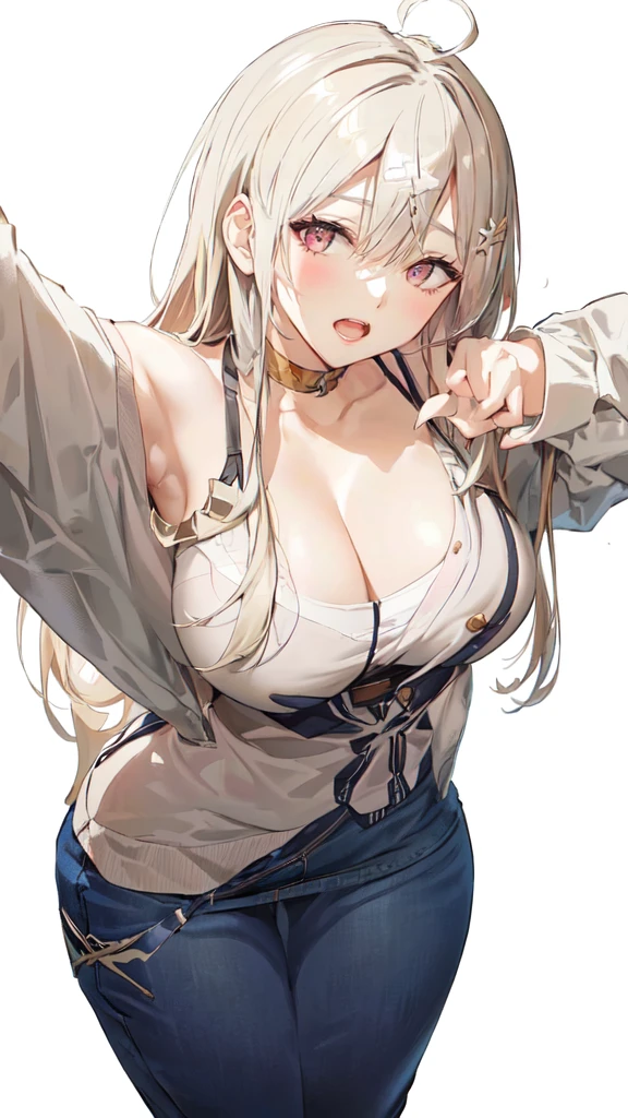 Busty anime girl posing for the camera with hands on hips, Revealing ClothesBreasts, Clevis, She has boobs, Big Breasts!, Enchanting anime girl, have large breasts, shikamimi, Big Breasts!!, From Girls Frontline, ;Open mouth, covered breasts, SFW, have large breasts, Naughty、In front of the room entrance