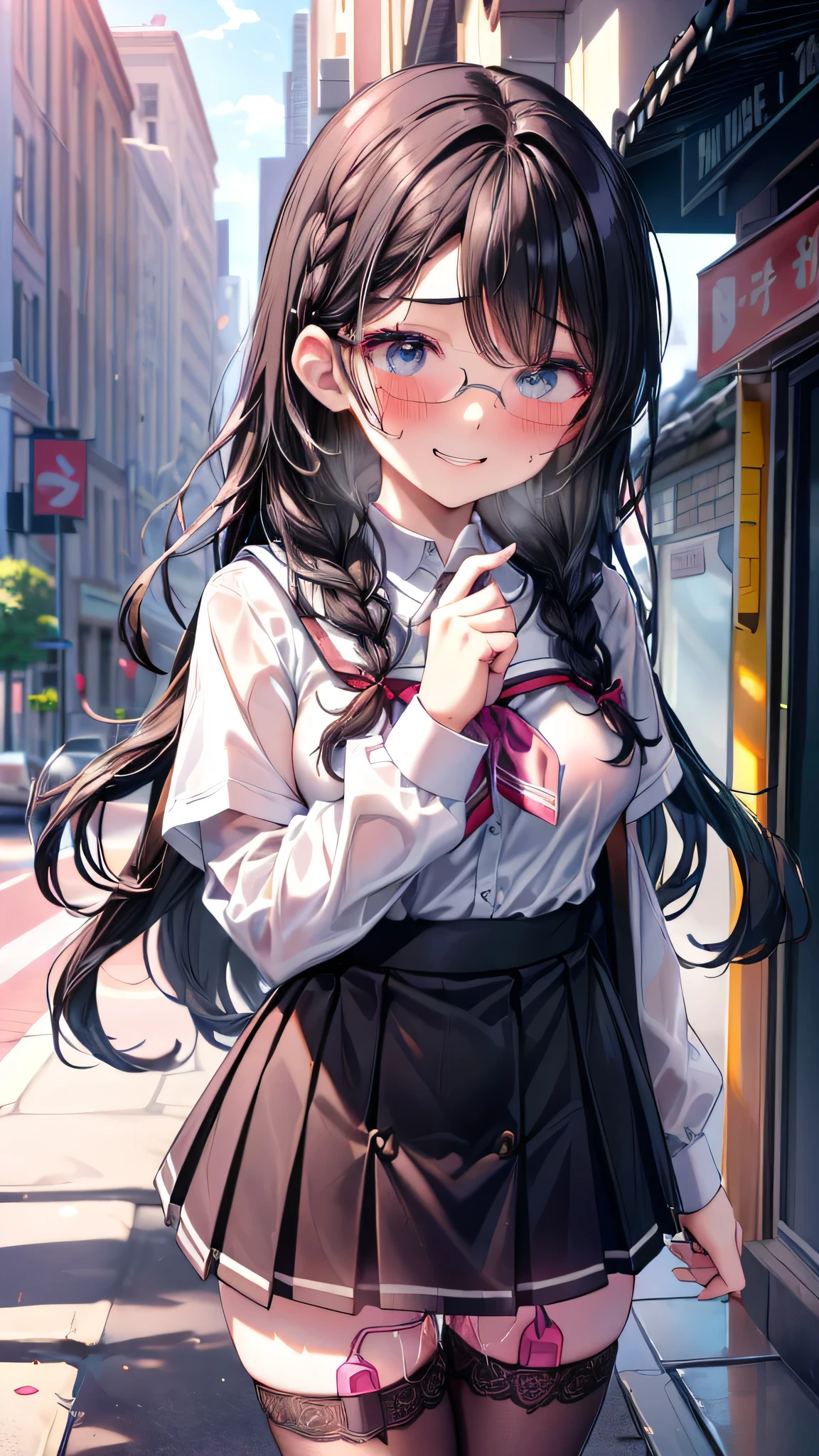 (masterpiece, finely detailed beautiful eyes: 1.3), (anatomically collect:1.3), ultra-detailed, ultra high res, professional lighting, high quality makeup, beautiful detailed eyes, upper body, (outdoor, city, crowd:1.3), (1 sexually attractive girl:1.8), (large breasts:1.3), (looks like high school student:1.2), (school uniforms, white shirt:1.4), (school bag), (glasses), (blush cheek:1.4), (side braid, braid, long wavy black hair:1.2), (Extremely cute), (extremely detailed beautiful face:1.2), (Authentic skin texture), (face focus:1.2), (orgasm, sexual aroused, sexual ecstasy:1.6), (steam:1.2), erect nipples, (standing:1.2), (vibrator in thighhighs:1.3), (grin smile:1.2)