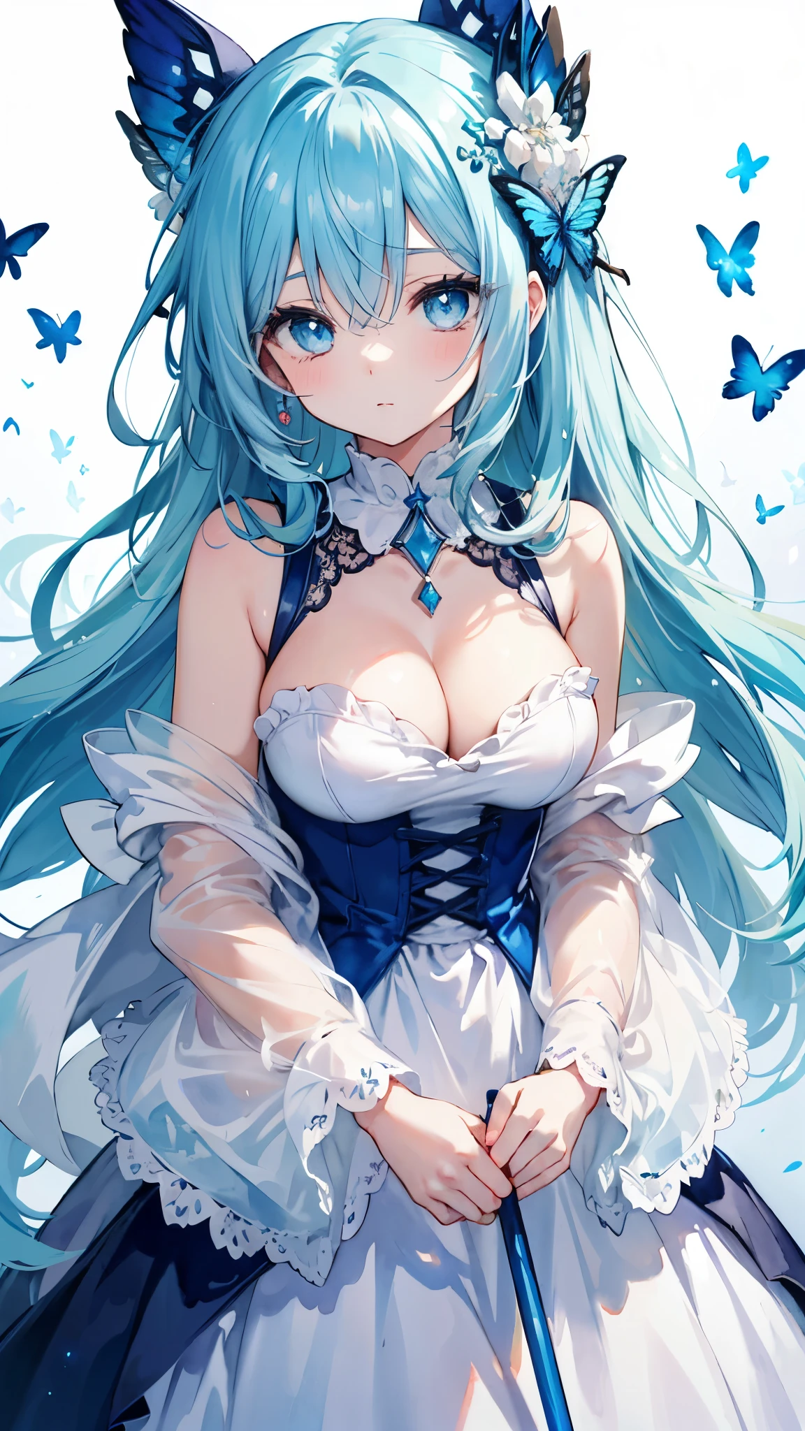 ((best quality)), ((masterpiece)), ((Very detailed)), (illustration), (Detailed lighting), (an extremely delicate and Fair), ((prune)), excellent_absurd, (Ray Tracing), (reflected light) rest (8K:1.3), 1 girl, (Girl in the flowers:1.4), (Pure sky blue hair, Red Eyes:1.5), Clear skies, External, Very detailed, best quality, Ultimate quality, masterpiece, Fair, beautiful, sit on the floor, (Absurdly long hair, Clear fabric borders:1.4), (Pure white dress, Pure white silk cloth:1.5), (Flower land, A thousand flowers, Colorful flowers, Flowers around her, Various flowers:1.51), young, Mild maturity,Curved,Astonishing, attractive, Sundress,Charm , Pure white shoes