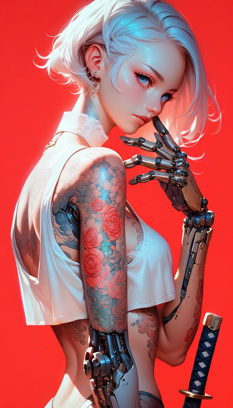 (Score_9, Score_8_up, Score_7_up), zPDXL, 1 girl, alone, looking at the viewer, simple background, blue eyes, closed mouth, short white hair, wearing a crop top, mechanical arms, floral tattoos, katana on the back, intricate tattoos, Cyberpunk style, side view, Red background, elegant metallic body parts, cybernetic limbs, parts, intense look, Futuristic aesthetics and robotic details
