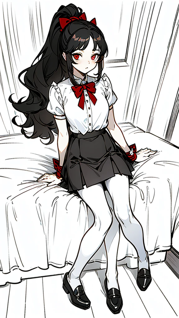 using pantimedies, wavy black hair, piercing look with deep red eyes, average stature, Silky hair with a ponytail hairstyle collected with a red bow with two white lines, with clothes, has a vagina, has breasts, cup of breasts, small breasts, slim, foreground, Session, sitting in her room, sitting on the floor of her room, wearing pantyhose, using pantimedies, Picardias, short skirt, shoes, blouse with straps, blush, opening her legs making her panties visible, open legs, perfect white panty, Skirt fluttering in the wind