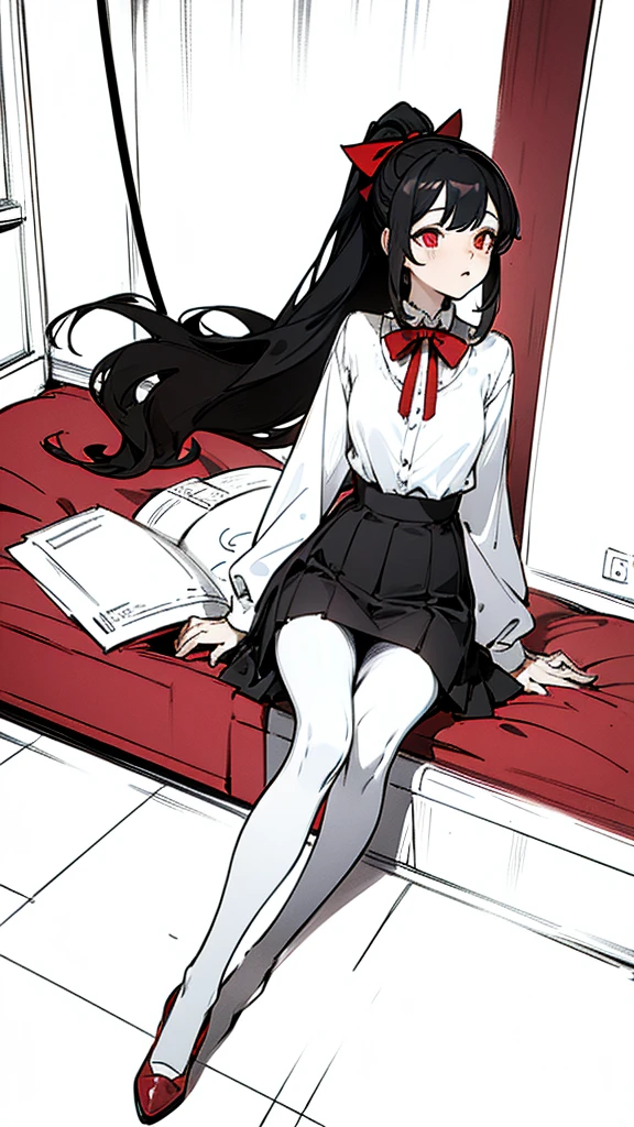 an 18 year old Japanese girl who stands at a height of 175 cm. She has pretty and elegant features, befitting that of royalty. She has long, straight black hair which she keeps tied in a ponytail with a red ribbon, leaving the bangs and sides to frame her face. She's wearing red square-rim glasses. Her eyes are crimson red. She's wearing a medium-length black cotton plaid skirt, a white uniform shirt with a red ribbon around the collar and a pair of black leggings. She wears black sports sneakers. She's wearing a black choker. She has a slim build, with small arms, a slim waist, slender and shapely legs and a small, cute ass. Her perky breasts sit at a comfortable C-cup. She has the pink gills of an axolotl adorning each side of her face, and a 4 foot long pink axolotl tail. She is sitting on a couch in a modern indoors environment with her hands in her lap, looking neutrally at the camera.