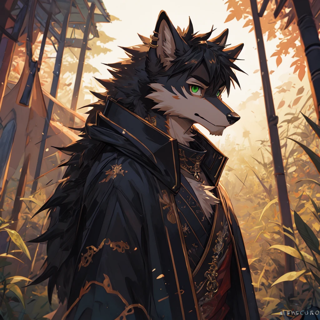 (solo male:1.2), anime - style drawing of a werewolf, thick dark brown fur, pov furry art, furry art!!!, commission for japanese furry art, tan - brown furry chest, green eyes, (sfw), safe for work, fursona furry art commission, (anthro art:1.1), furry shot, thick furry neck and chest fluff, long brown humanoid hair, double ring ear piercings, professional furry 2D digital art, sfw version, (Canine anatomy:1.2), cocky expression, (by Tenebscuro:1.4), (Tall Lean & slender musculature:1.3), linework, (Tribalistic:1.2), Twin horizontal lines yellow face paint, Forest camp background,