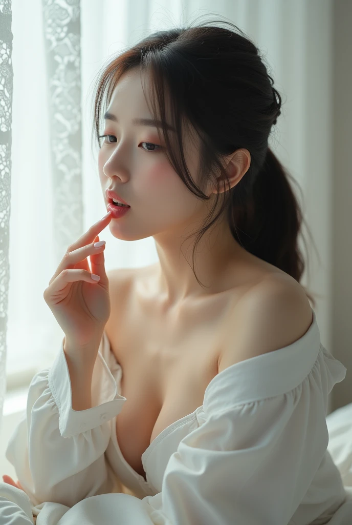masterpiece, best quality, very detailed, (realistic, photo realistic:1.2), high resolution, RAW photos, 8k, Break NSFW, throw, (hetero:1.1), (Perfect intense sex, evangelist, It must be a penis in question:1.1)asian girl, 20 years old, Cute appearance, (Open your mouth sexy, Became proud:1.1), (blush:1.2), (Silk shirt:1.3), orgasm, from above,( Perfect lie, behind the bed:1.3), (m bridge, spread your legs wide:1.1),