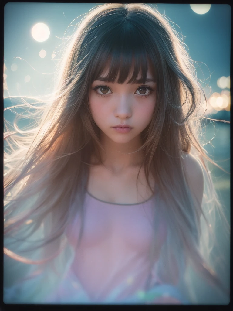 Solo girl portrait, nice perfect face with soft skin, small face with nose and rose-like lips, beautiful eyes, beautiful smile. Black and thin long beautiful hair, orange knit and beige pants, floating, (lavender background), (best quality, 8k, game CG, photorealistic, wallpaper), (red | green | blue | black | white color), Raphael, USA: 0.5