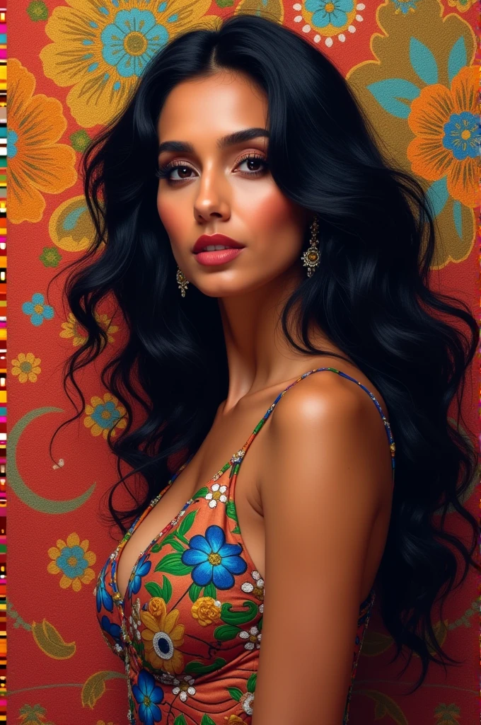 indigenous brunette woman with huge black, straight hair like cedar that goes past her knees, an indigenous painting on her red face with a jaguar skin painted on her head, at her side a large black eagle with blue eyes