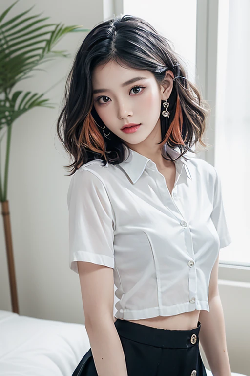 Top quality, RAW Photo, Highest Quality Image, 16K, Full body, Age 22, Realistic, Photorealistic,  Beautiful Asian woman, Sexy, body, White pale skin, ((( Multicolor Hair ))), ((( Short and wavy hairstyle ))), Modern hairstyles, Detailed face, Detailed body, Detailed skin, Double eyelids, Very Big eyes, long eyelashes, bright eyes, green eyes, natural lips, detailed lips, ((( Very Small breasts, Flat Breasts ))), posing in bedroom studio, sunny day light,  ((( wearing White Short sleeves Shirt, black short skirt ))),  ((( All Buttons are Unbuttoned ))), no bra, ((( piercings ))), ((( piercing bellybutton with jewelry )))