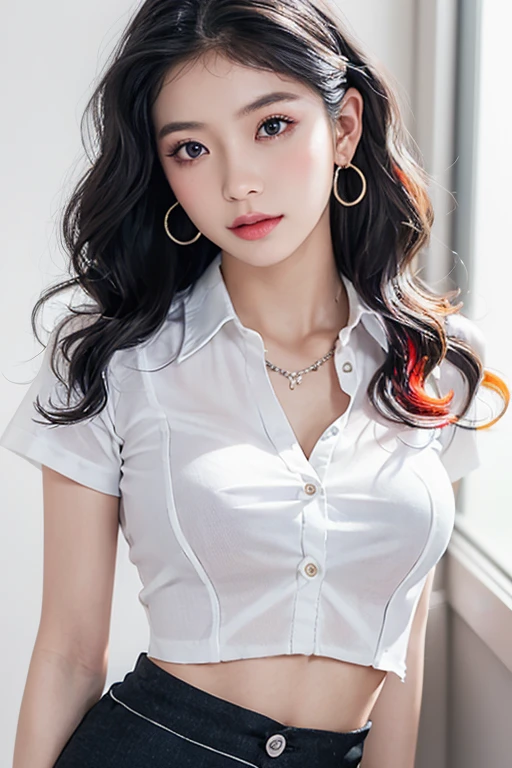 Top quality, RAW Photo, Highest Quality Image, 16K, Full body, Age 22, Realistic, Photorealistic,  Beautiful Asian woman, Sexy, body, White pale skin, ((( Multicolor Hair ))), ((( Short and wavy hairstyle ))), Modern hairstyles, Detailed face, Detailed body, Detailed skin, Double eyelids, Very Big eyes, long eyelashes, bright eyes, green eyes, natural lips, detailed lips, ((( Very Small breasts, Flat Breasts ))), posing in bedroom studio, sunny day light,  ((( wearing White Short sleeves Shirt, black short skirt ))),  ((( All Buttons are Unbuttoned ))), no bra, ((( piercings ))), ((( piercing bellybutton with jewelry )))