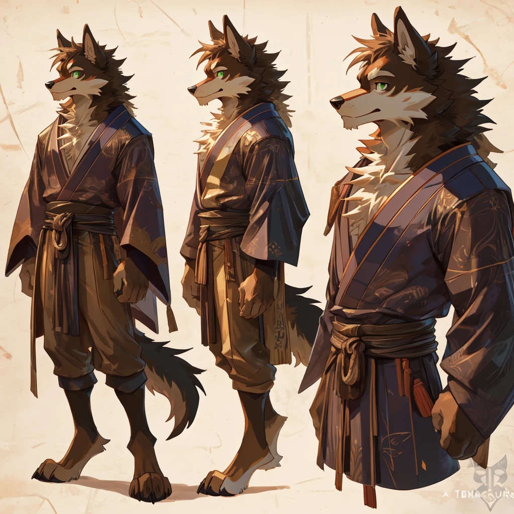 (solo male:1.2), anime - style drawing of a werewolf, thick dark brown fur, pov furry art, furry art!!!, commission for japanese furry art, tan - brown furry chest, green eyes, (sfw), safe for work, fursona furry art commission, (anthro art:1.1), furry shot, thick furry neck and chest fluff, long brown humanoid hair, double ring ear piercings, professional furry 2D digital art, sfw version, (Canine anatomy:1.2), cocky expression, (by Tenebscuro:1.4), (Tall Lean & slender musculature:1.3), linework, (Tribalistic:1.2), Twin horizontal lines yellow face paint, (nude:1.4), (Lineart Sketch Pose Sheet:1.4),