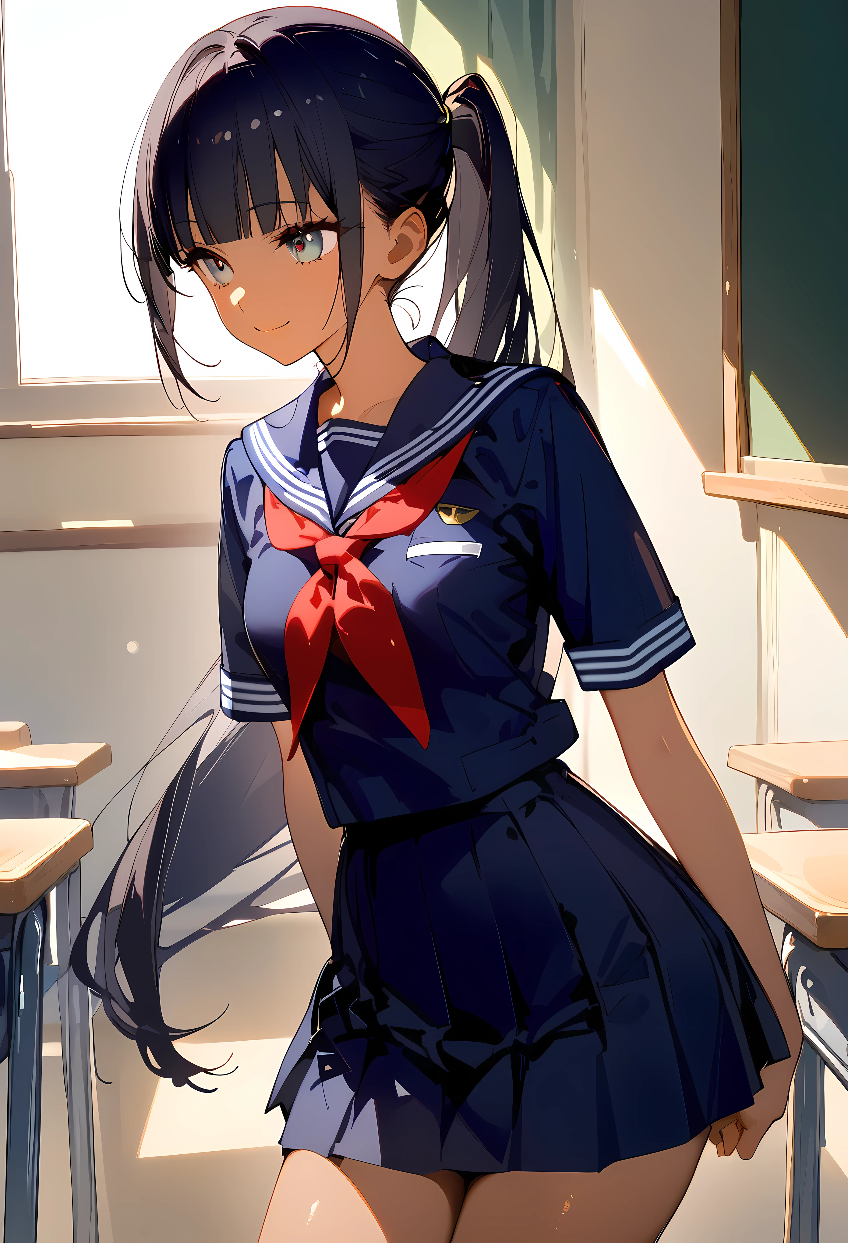 ((masterpiece,best quality anime:1.3,Best Quality)),cowboy shot,1woman,alone,( adult),(ponytail),long straight hair,blunt bangs,black hair,((very small head:1.2)),gray eyes,gorgeous eyes,smile,small breasts,((very long body:1.3)),(tan skin),(Navy blue pleated mini skirt),(School uniform、Navy blue sailor suit、Short sleeve、red neckerchief,Navy blue sailor collar),slender body,skinny,gleaming skin,standing,classroom、School、