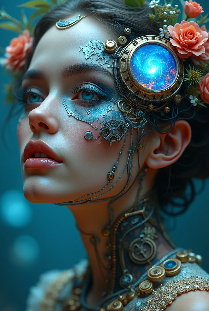 Creat an image of a stunningly gorgeous beautiful clockwork  girl,Stunningly gorgeous beautiful perfect  feminine face, stunning perfect makeup, think curved eyebrows, long thick eyelashes, black eyeliner, dark eye shadow, cute little nose, full lips, lipstick, perfect breasts, slim waist, perfect round ass, clockwork steampunk outfits, 