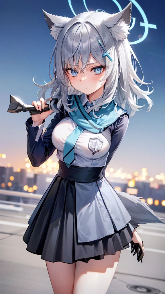 shiroko \(blue archive\), shiroko, animal ears, blue eyes, grey hair, hair ornament, hairpin, medium hair, wolf ears,holding weapon,  full body, serious face, battle background, fighting pose,