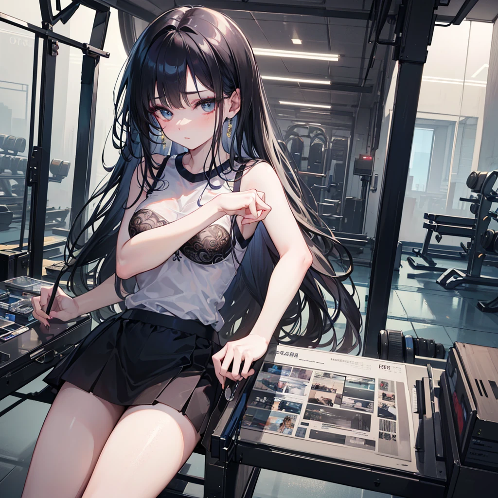 A beautiful Korean (8k, HDR, UHD, expressive eyes, extremely intricate details,  hyper-realistic,  high quality). In a short black skirt (intricate details),  a very sensual transparent top( intricate details), flowing black hair, makeup (intricate details).at the gym working out (intricate details). He&#39;s working out his legs (hyper-realistic, intricate details).her short skirt shows her transparent panties while she is working out her legs showing the entire contour of her vagina(intricate details, extremely detailed). The young woman shows all her sensuality and youth (intricate details). She is sweating and her top is wet showing the full outline of her breast (intricate details, hyper-realistic, extremely intricate details). Style "Anime 8K" (extremely intricate details), HDR, UHD, full body (hyper-realistic, extremely intricate details, background ( vibrant colors, intricate details, extremely detailed, incredible details,  32K), expressive eyes (intricate details, bright), detailed character illustrations (intricate details), photorealistic, intricate details, hyper-realistic,extremely intricate details, highly detailed, vibrant colors. 