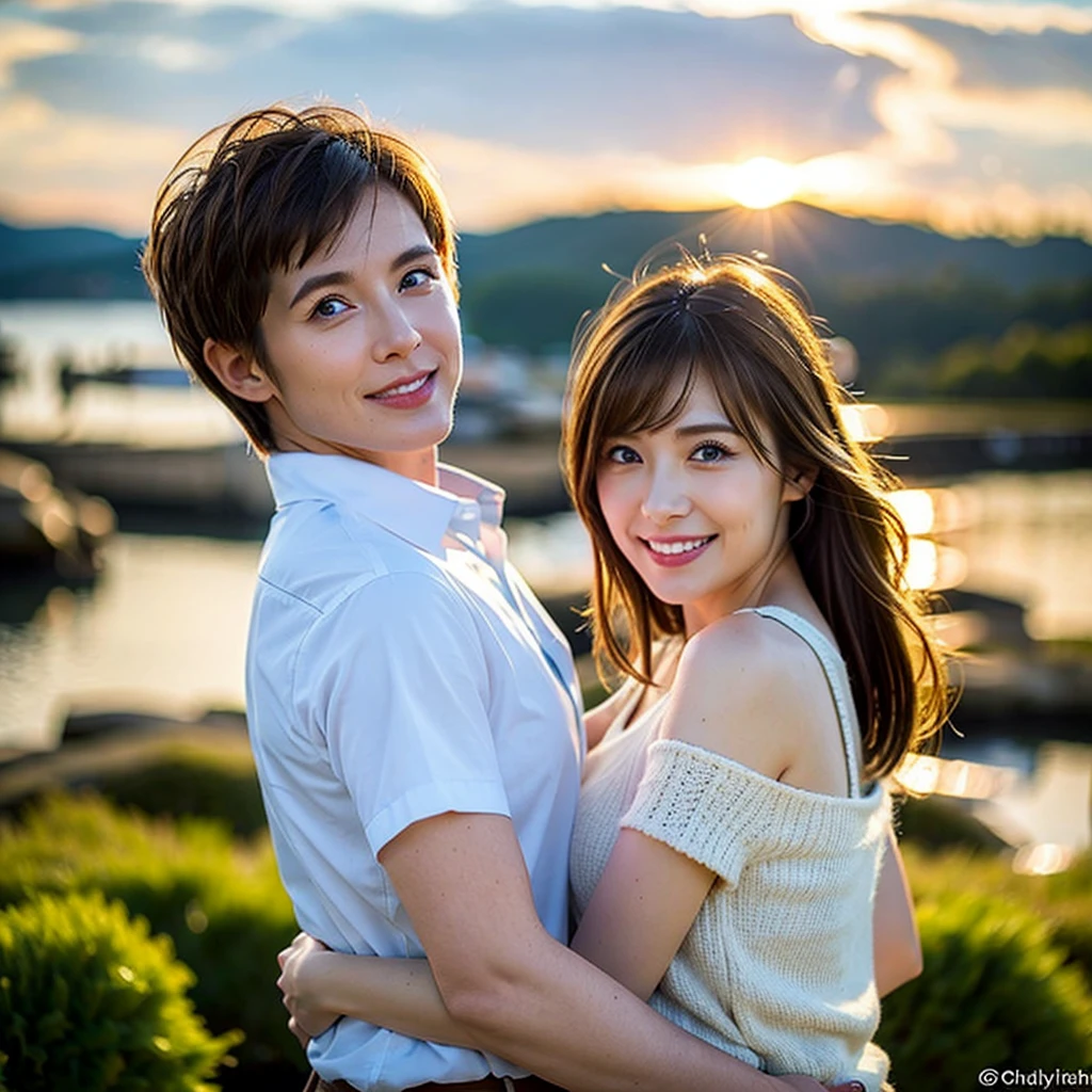 (Embracing each other with my boyfriend on the beach、Standing watching the sunset:1.5)、(A kind smile:1.5)、(18-year-old female:1.5)、(The best quality at its best:1.4), (Super detailed), (Very detailed CG unified 16k), Beautiful woman with perfect figure: 1.4, Sharp focus: 1.2, Very detailed, High-quality RAW color photos, Professional photography, Great face and eyes, cosmetics, (Amazingly beautiful girl), ((Cute black dress:1.5)), Realistic movie faces, Full body long view from head to toe, Realistic, ((Realistic natural orange red hairstyle)), ( Short Bob Hair:1.5), (necklace:1.5)、, Very beautiful face, Perfect model beauty, Mouth swelling, Highly detailed face and skin texture, Fine grain, double eyelid, Medium chest, (masterpiece), Highest quality, High resolution, Very detailed, Blurred Background, Depth of written boundary, Cinema Lighting, Great legs, , Clear, well-maintained skin,((Full body shot from head to toe:1.5))