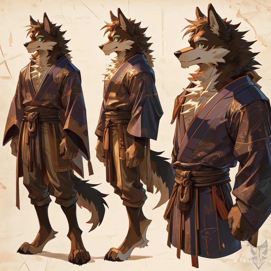 (solo male:1.2), anime - style drawing of a werewolf, thick dark brown fur, pov furry art, furry art!!!, commission for japanese furry art, tan - brown furry chest, green eyes, (sfw), safe for work, fursona furry art commission, (anthro art:1.1), furry shot, thick furry neck and chest fluff, long brown humanoid hair, double ring ear piercings, professional furry 2D digital art, sfw version, (Canine anatomy:1.2), cocky expression, (by Tenebscuro:1.4), (Tall Lean & slender musculature:1.3), linework, (Tribalistic:1.2), Twin horizontal lines yellow face paint, (nude:1.4), (Lineart Sketch Pose Sheet:1.4),